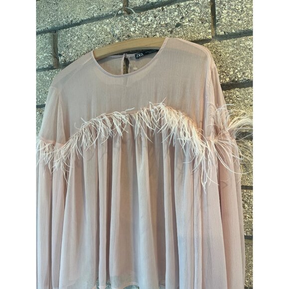Zara Pink Feather-Trimmed Sheer Blouse Size M Made In Turkey - Picture 3 of 9